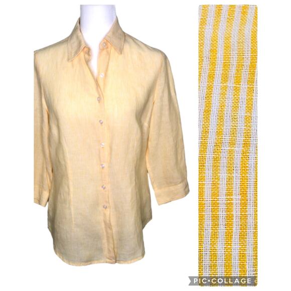 Coldwater Creek 100% Linen Yellow White Stripe 3/4 Sleeve  Blouse Small - Picture 1 of 6